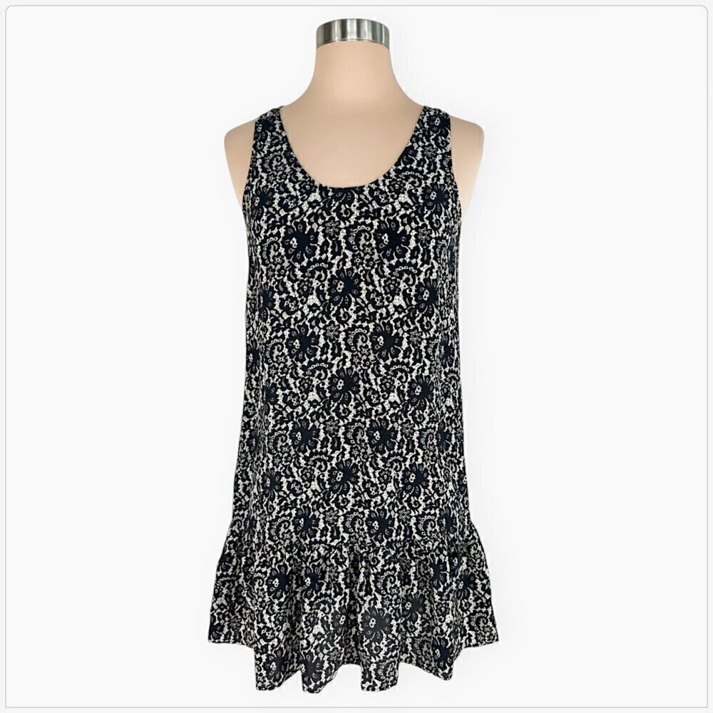 Joie Black Ivory Silk Lace Pattern Print Floral Ruffle Hem Tank Dress NEW XS